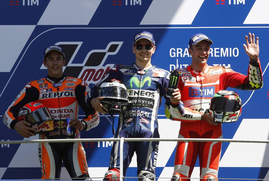 Sul podio da sinistra Marquez, Lorenzo e Iannone. Getty